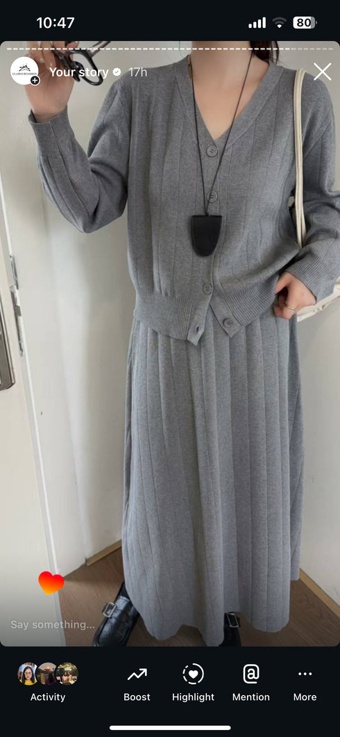 Winter Button Down Cardigan With Skirts Sets